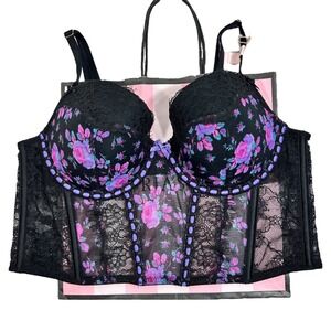 NWT Victoria's Secret Dream Angels Floral Lace Bustier Corset Top Black Purple L